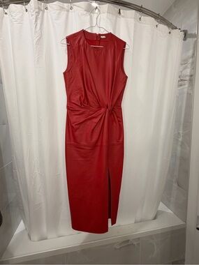 YOOX “8” Brand Sleeveless Red Twist-Front Midi Leather Dress SZ 40
